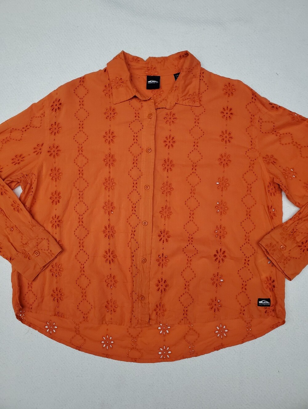 Quiksilver Orange Cotton Eyelet Floral Button Down Shirt Small Boho